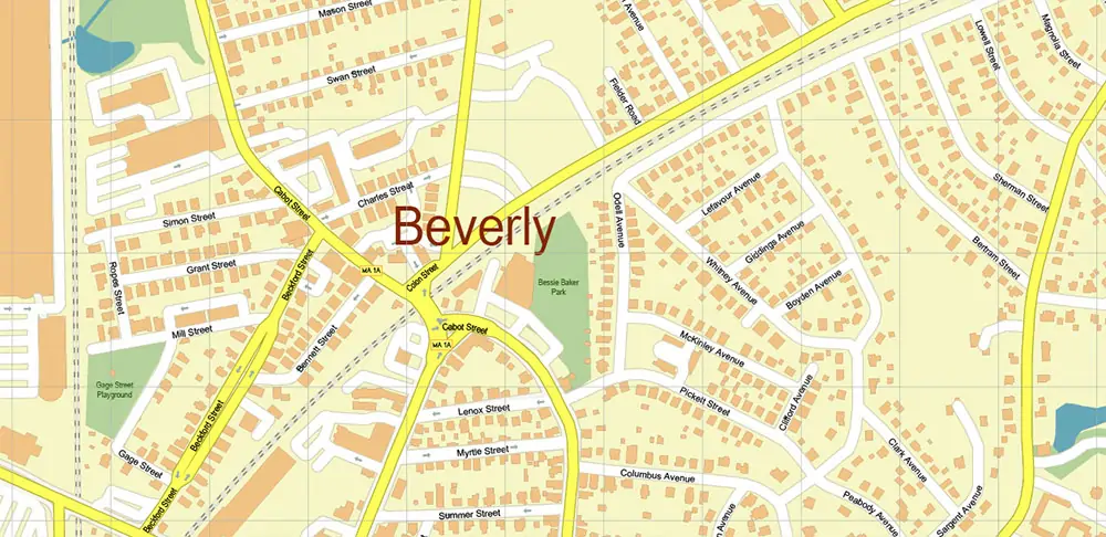 Peabody Salem Beverly Massachusetts US Vector Map high detailed All Roads Streets Cities Towns map editable Layered Adobe Illustrator