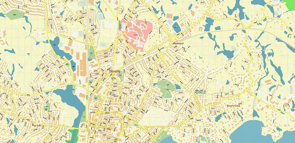 Peabody Salem Beverly Massachusetts US Vector Map high detailed All Roads Streets Cities Towns map editable Layered Adobe Illustrator