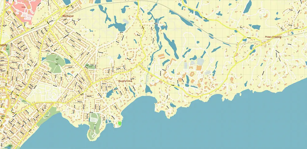 Peabody Salem Beverly Massachusetts US Vector Map high detailed All Roads Streets Cities Towns map editable Layered Adobe Illustrator