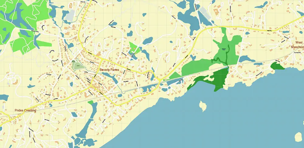 Peabody Salem Beverly Massachusetts US Vector Map high detailed All Roads Streets Cities Towns map editable Layered Adobe Illustrator