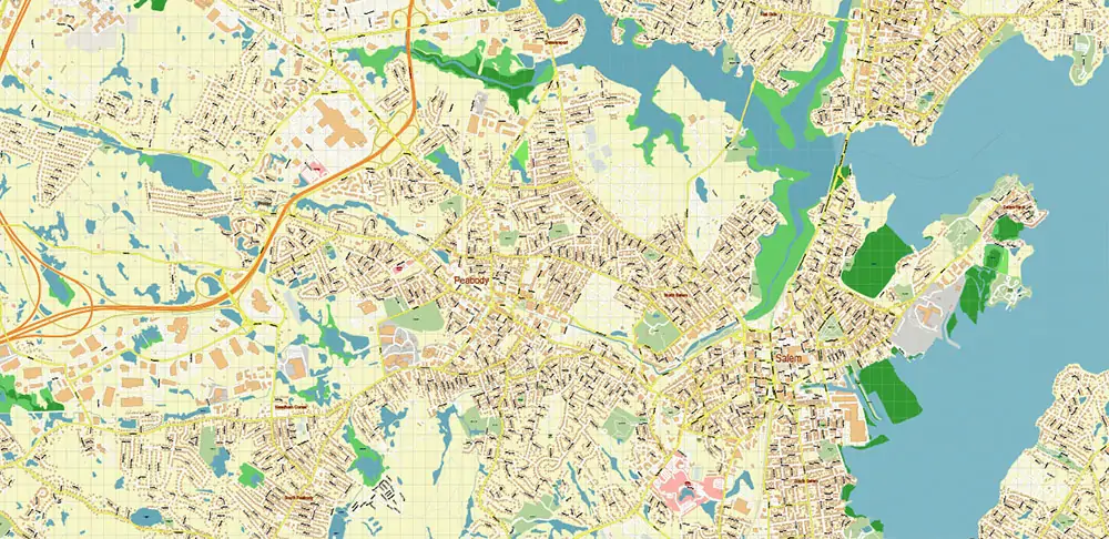Peabody Salem Beverly Massachusetts US Vector Map high detailed All Roads Streets Cities Towns map editable Layered Adobe Illustrator