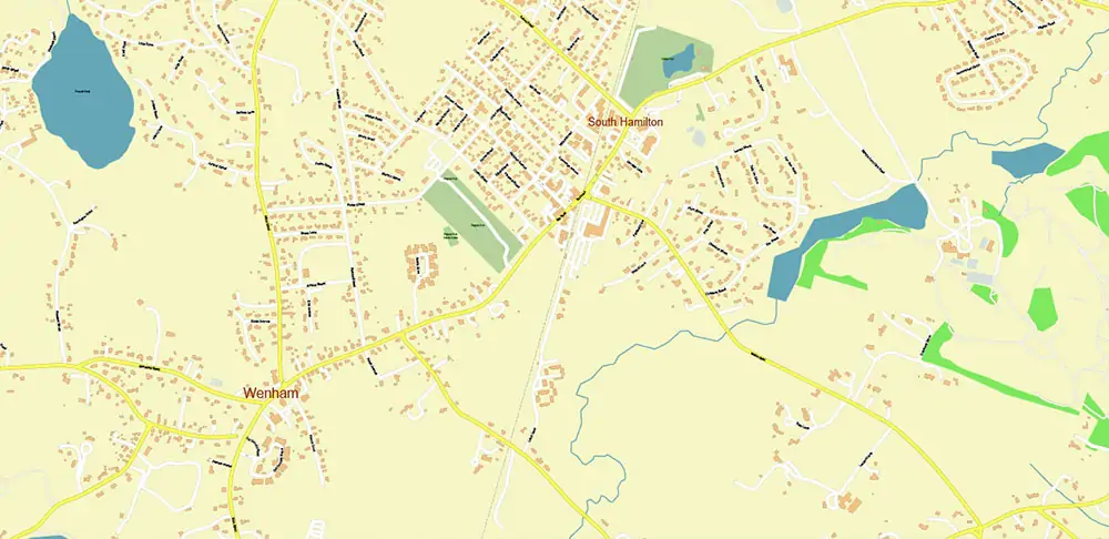 Peabody Salem Beverly Massachusetts US Vector Map high detailed All Roads Streets Cities Towns map editable Layered Adobe Illustrator