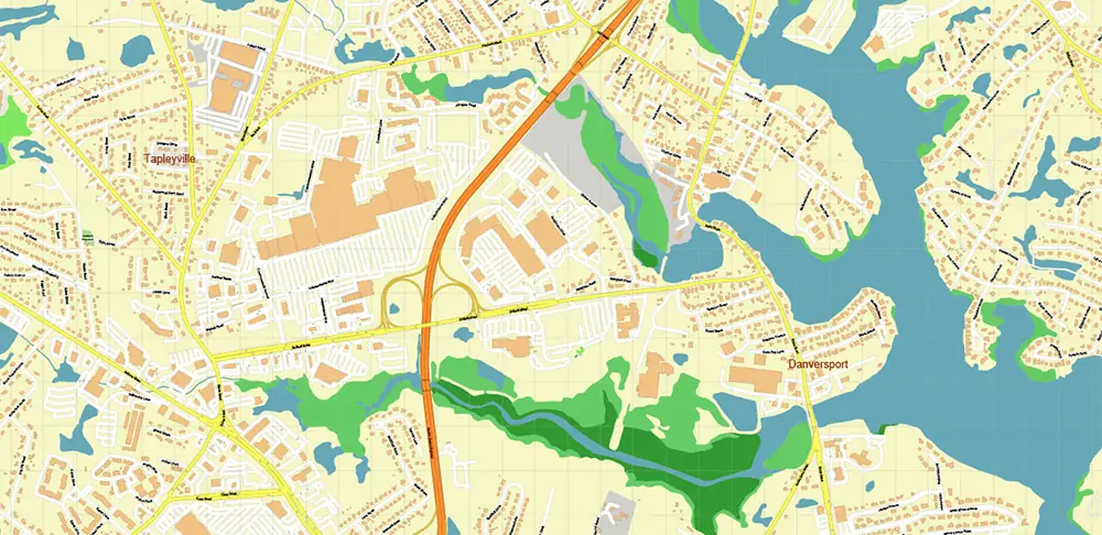 Peabody Salem Beverly Massachusetts US Vector Map high detailed All Roads Streets Cities Towns map editable Layered Adobe Illustrator