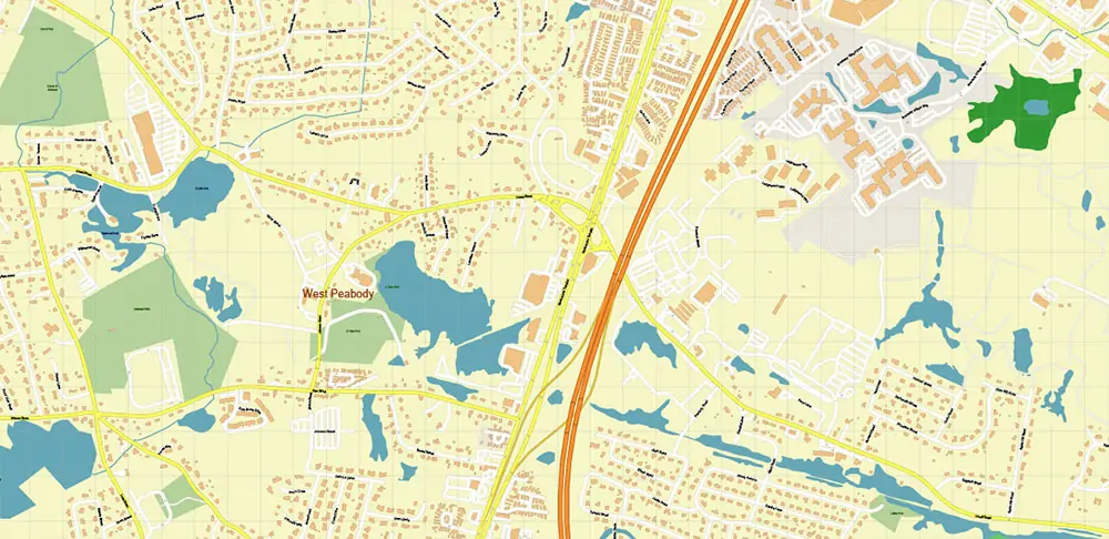 Peabody Salem Beverly Massachusetts US Vector Map high detailed All Roads Streets Cities Towns map editable Layered Adobe Illustrator