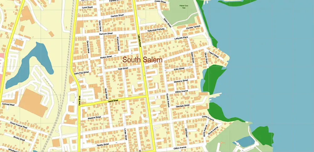 Peabody Salem Beverly Massachusetts US Vector Map high detailed All Roads Streets Cities Towns map editable Layered Adobe Illustrator