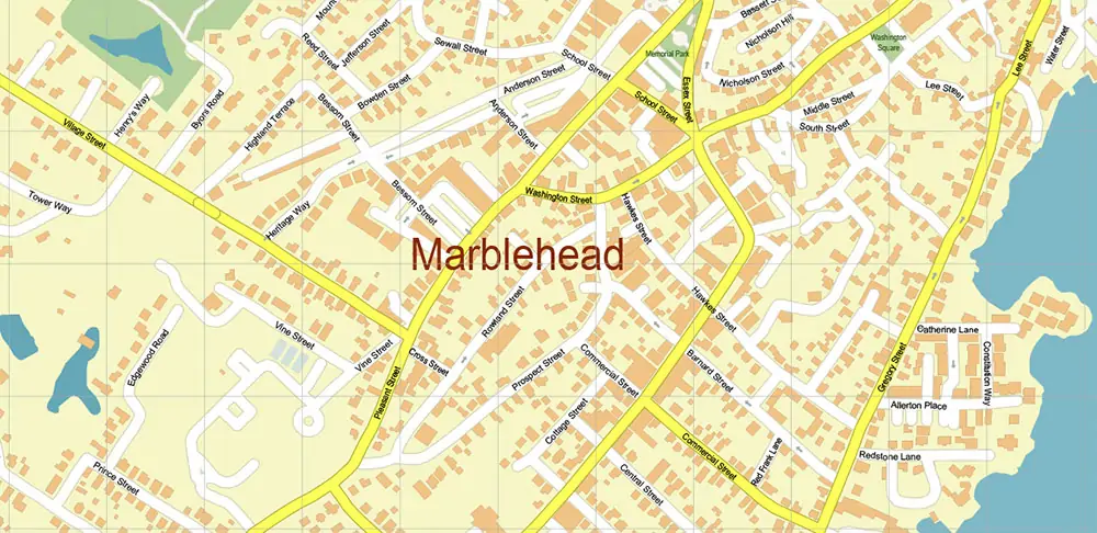 Peabody Salem Beverly Massachusetts US Vector Map high detailed All Roads Streets Cities Towns map editable Layered Adobe Illustrator