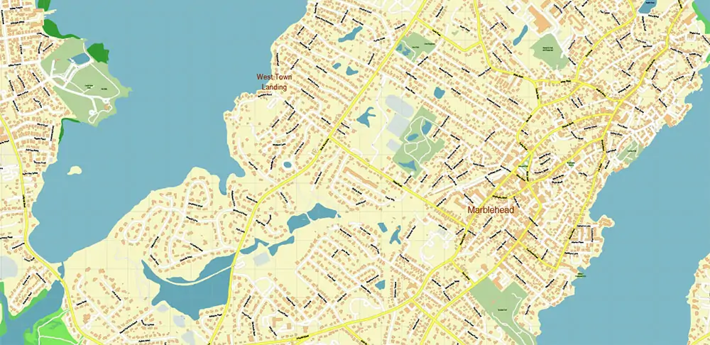 Peabody Salem Beverly Massachusetts US Vector Map high detailed All Roads Streets Cities Towns map editable Layered Adobe Illustrator