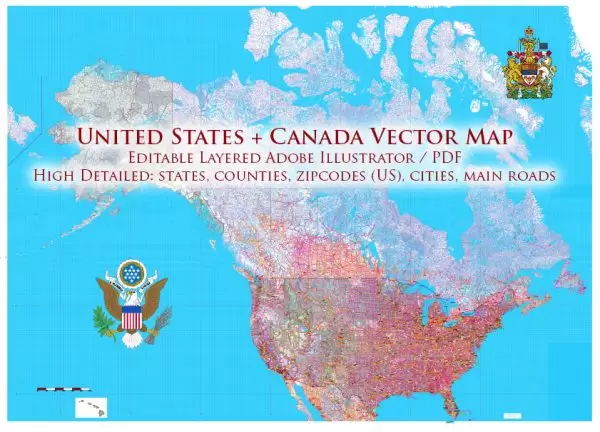 United States (+ zipcodes) and Canada Vector Map Main Roads Cities States Counties editable layered Adobe Illustrator
