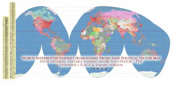 World Interrupted Goode's Homolosine Projection Political Vector Map (Extended + Flags + Square data) High detailed fully editable, Adobe Illustrator