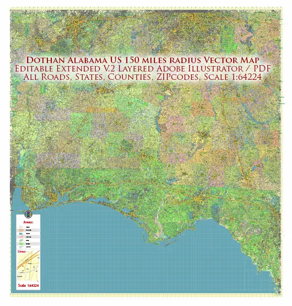 Dothan Alabama US 150 miles radius area Extended Vector Map high detailed All Roads Streets Cities Towns ZIPcodes map editable Layered Adobe Illustrator