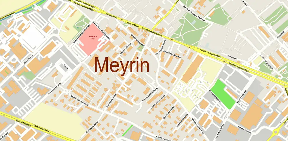 Meyrin Switzerland PDF Vector Map high detailed All Roads Streets editable Layered Adobe PDF