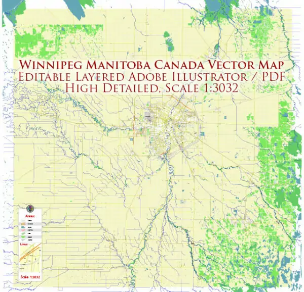 Winnipeg Manitoba Canada Vector Map high detailed All Roads Streets Cities Towns map editable Layered Adobe Illustrator