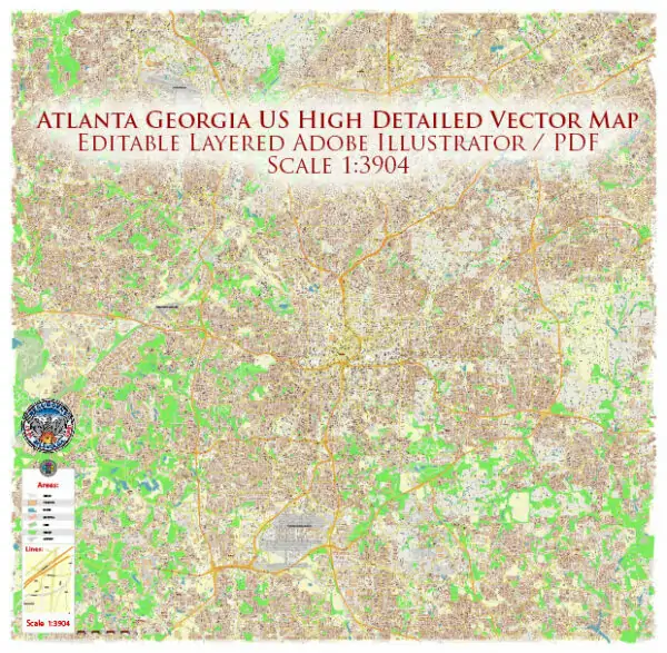 Atlanta Georgia US Vector Map exact high detailed editable layered Adobe Illustrator