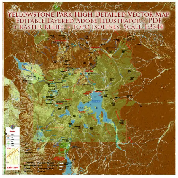 Yellowstone Park Wyoming US Vector Map + relief raster + topo isolines 5 m, exact high detailed editable layered Adobe Illustrator