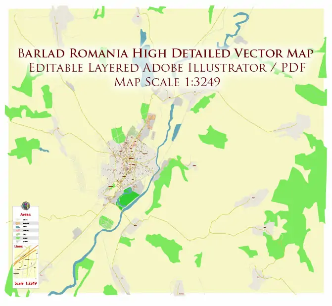 Barlad Romania PDF Vector Map high detailed All Roads Streets editable Layered Adobe PDF
