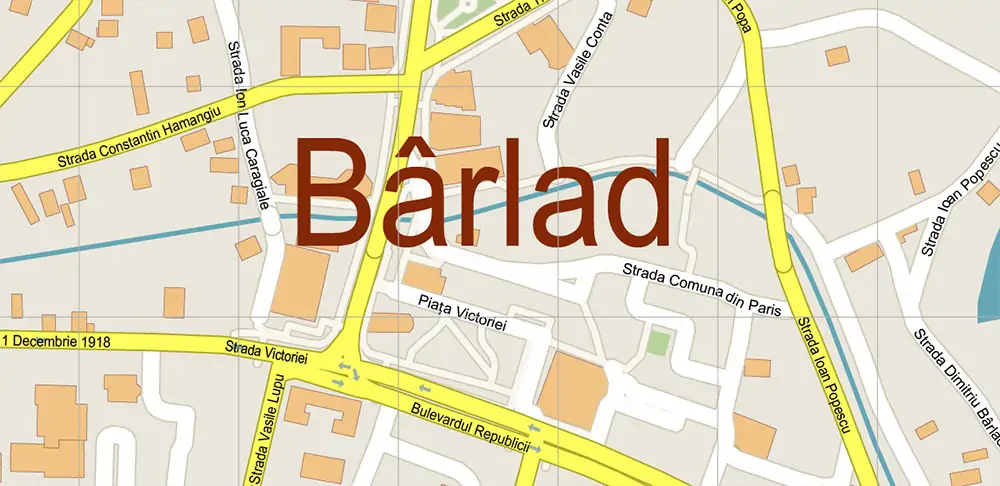 Barlad Romania PDF Vector Map high detailed All Roads Streets editable Layered Adobe PDF