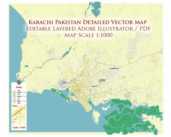 Karachi Pakistan Vector Map high detailed scalq 1:1000 editable Layered Adobe Illustrator