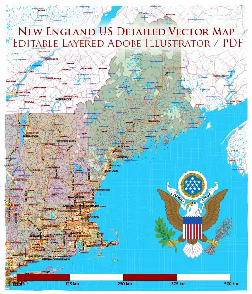 New England US PDF Vector Map high detailed Main Roads + Zipcodes editable Layered Adobe PDF