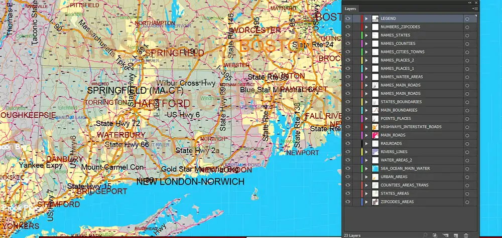New England US PDF Vector Map high detailed Main Roads + Zipcodes editable Layered Adobe PDF