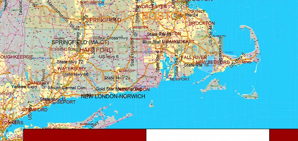 New England US PDF Vector Map high detailed Main Roads + Zipcodes editable Layered Adobe PDF