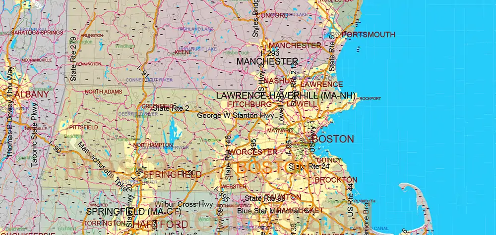 New England US PDF Vector Map high detailed Main Roads + Zipcodes editable Layered Adobe PDF