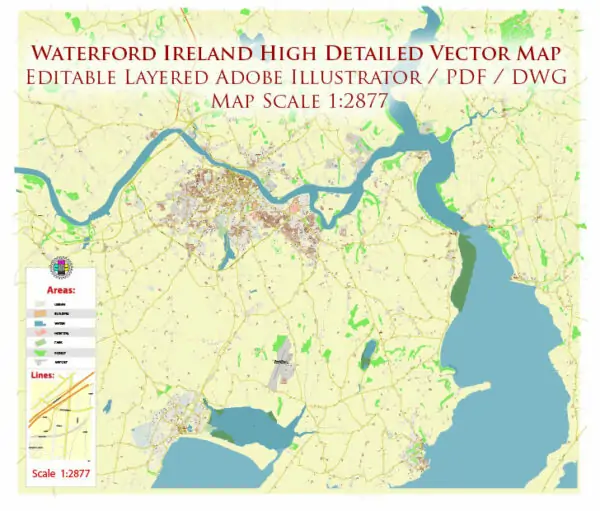Waterford Ireland Vector Map high detailed editable Layered Adobe Illustrator