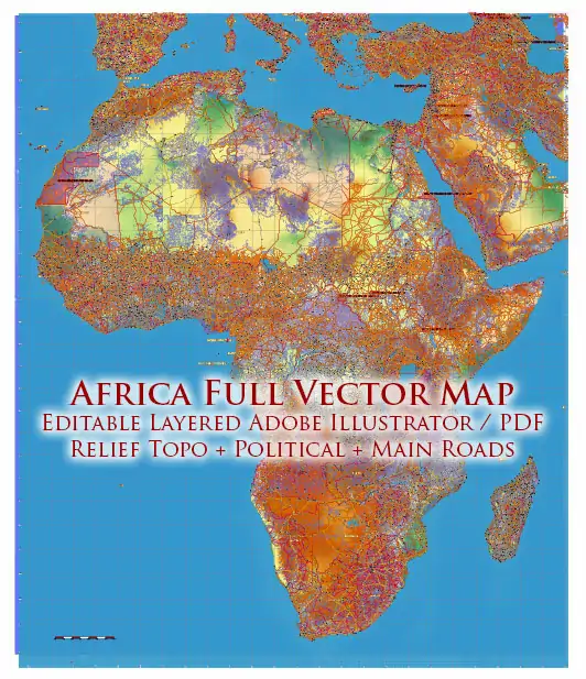 Africa full Vector Map high detailed + Relif editable layered in Adobe Illustrator