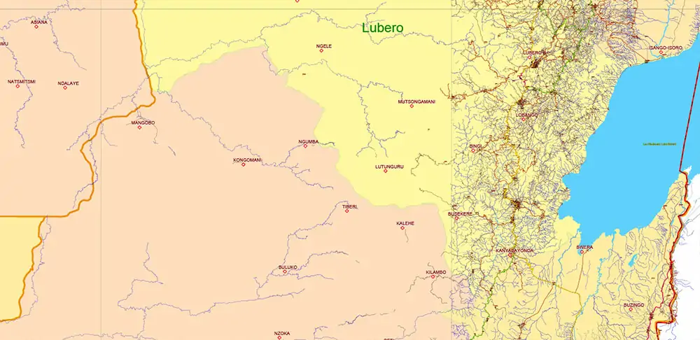 Congo Democratic Republic Vector Map high detailed road map + admin areas + cities and water objects editable Layered Adobe Illustrator