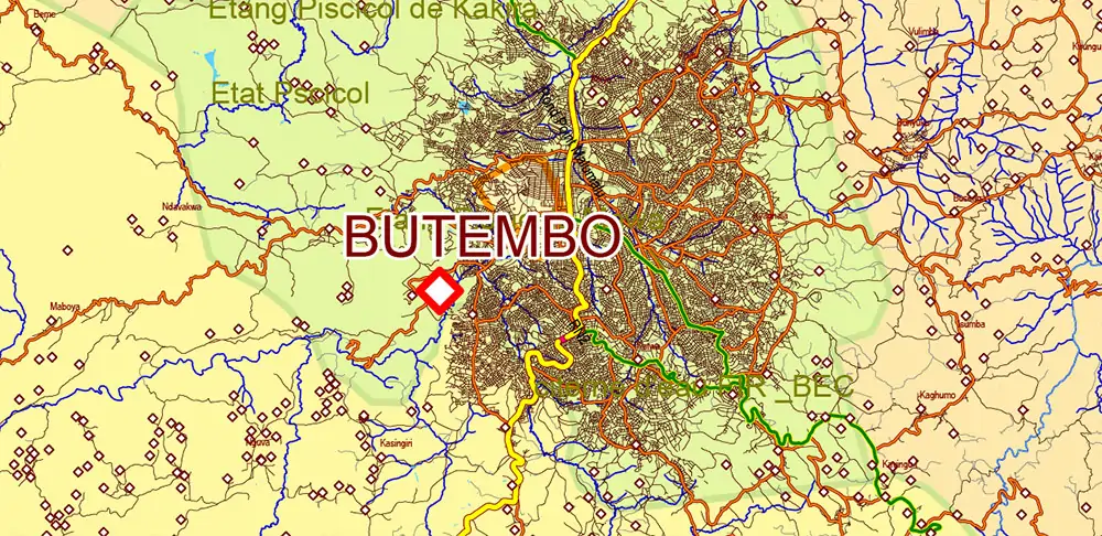 Congo Democratic Republic Vector Map high detailed road map + admin areas + cities and water objects editable Layered Adobe Illustrator
