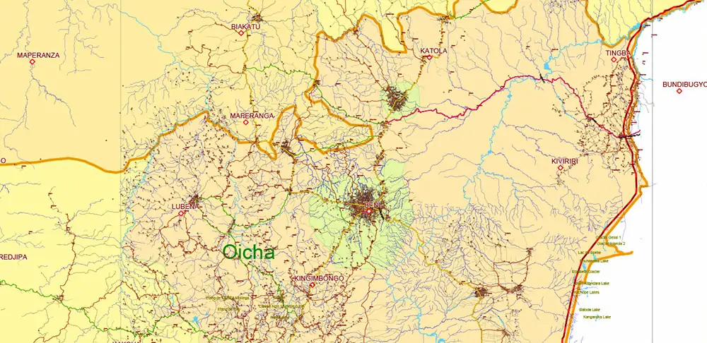Congo Democratic Republic Vector Map high detailed road map + admin areas + cities and water objects editable Layered Adobe Illustrator