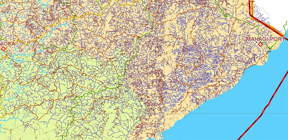 Congo Democratic Republic Vector Map high detailed road map + admin areas + cities and water objects editable Layered Adobe Illustrator