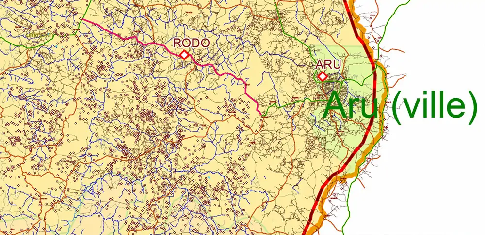 Congo Democratic Republic Vector Map high detailed road map + admin areas + cities and water objects editable Layered Adobe Illustrator