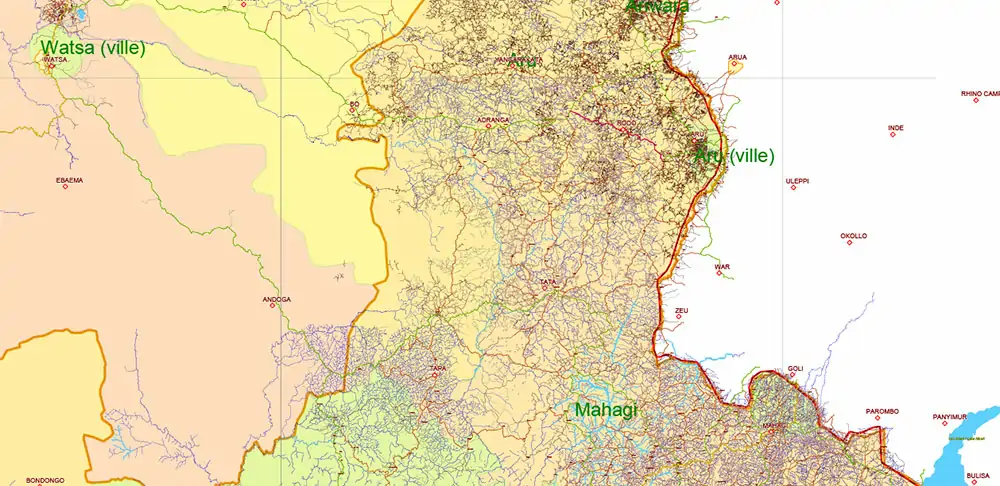 Congo Democratic Republic Vector Map high detailed road map + admin areas + cities and water objects editable Layered Adobe Illustrator