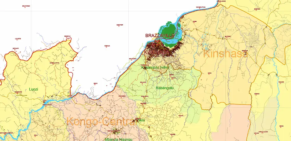 Congo Democratic Republic Vector Map high detailed road map + admin areas + cities and water objects editable Layered Adobe Illustrator