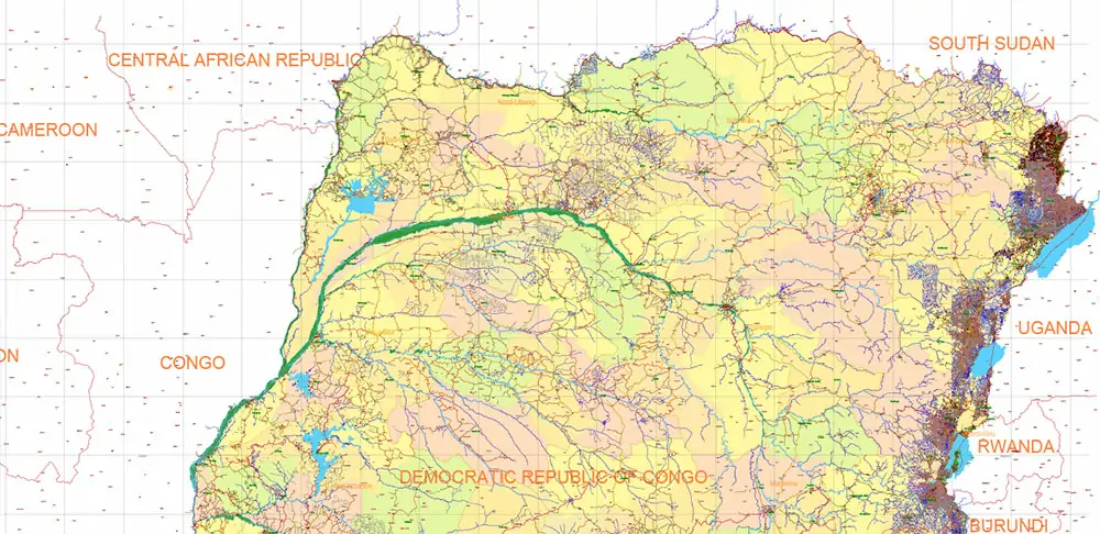Congo Democratic Republic Vector Map high detailed road map + admin areas + cities and water objects editable Layered Adobe Illustrator