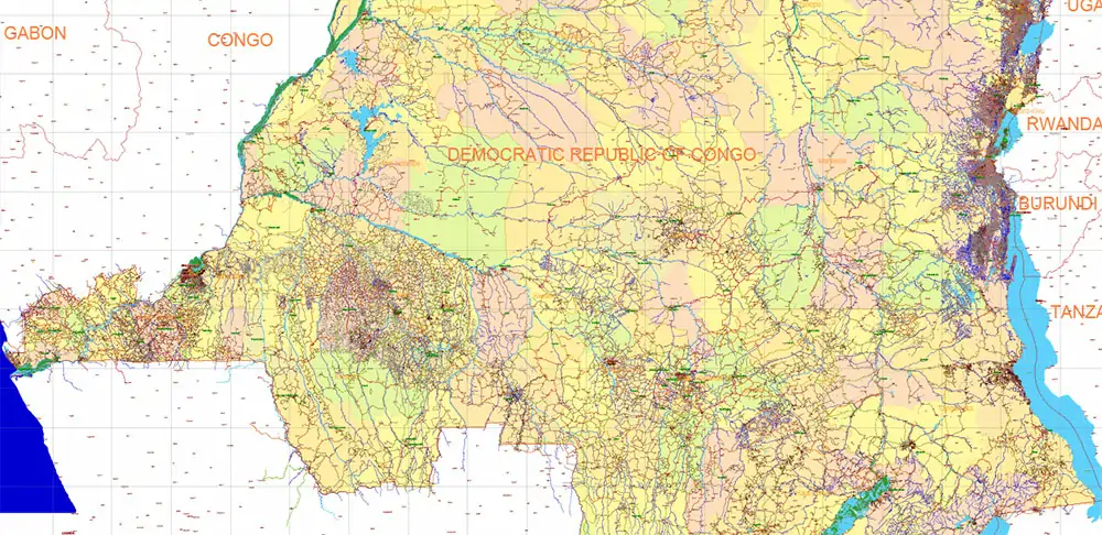Congo Democratic Republic Vector Map high detailed road map + admin areas + cities and water objects editable Layered Adobe Illustrator