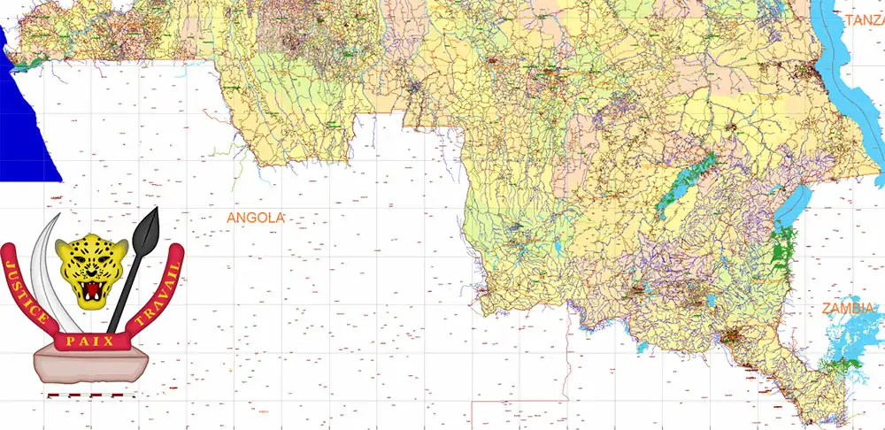 Congo Democratic Republic Vector Map high detailed road map + admin areas + cities and water objects editable Layered Adobe Illustrator