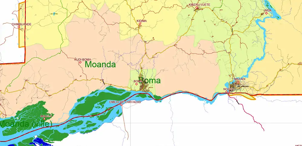 Congo Democratic Republic Vector Map high detailed road map + admin areas + cities and water objects editable Layered Adobe Illustrator