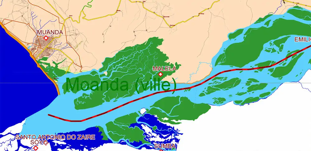 Congo Democratic Republic Vector Map high detailed road map + admin areas + cities and water objects editable Layered Adobe Illustrator