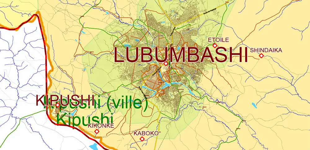 Congo Democratic Republic Vector Map high detailed road map + admin areas + cities and water objects editable Layered Adobe Illustrator