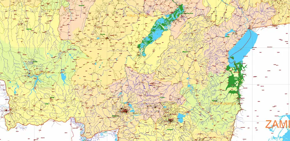 Congo Democratic Republic Vector Map high detailed road map + admin areas + cities and water objects editable Layered Adobe Illustrator