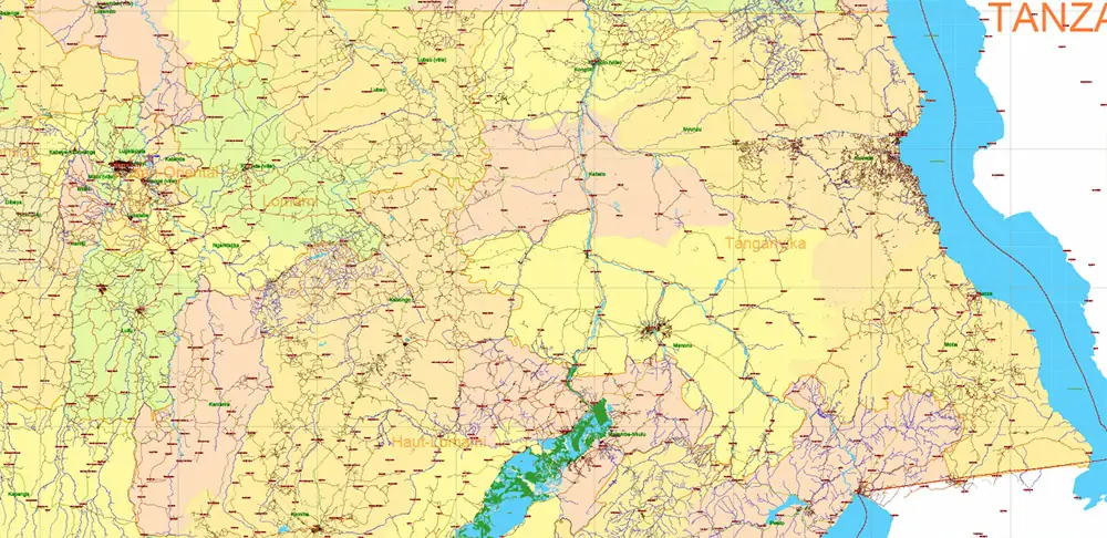 Congo Democratic Republic Vector Map high detailed road map + admin areas + cities and water objects editable Layered Adobe Illustrator