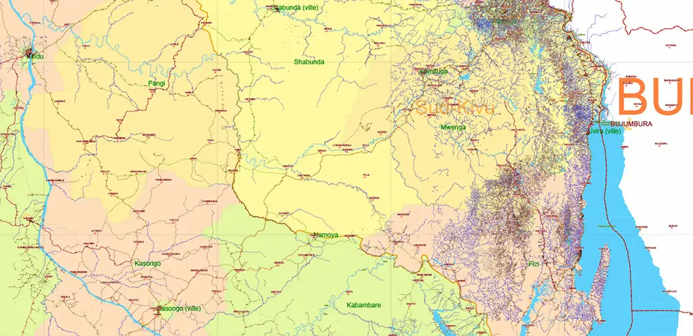 Congo Democratic Republic Vector Map high detailed road map + admin areas + cities and water objects editable Layered Adobe Illustrator