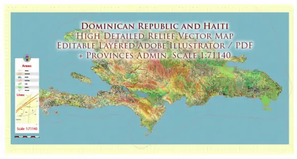 Dominicana and Haiti Vector Map high detailed roads + Relif editable layered in Adobe Illustrator