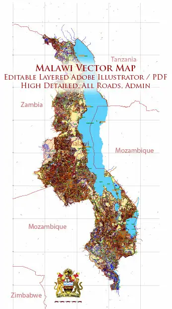 Malawi Vector Map high detailed road map + admin areas + cities and water objects editable Layered Adobe Illustrator