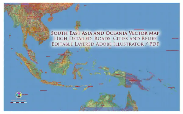 Asia South-East and Oceania Vector Map high detailed roads + relief editable layered in Adobe Illustrator