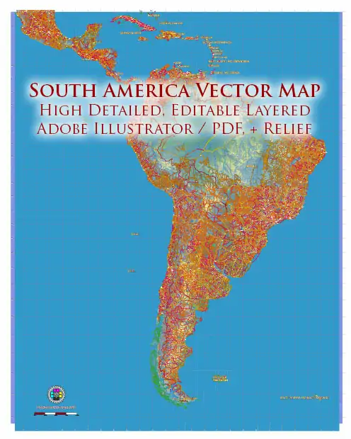 South America full PDF Vector Map high detailed roads + Relief editable layered in Adobe PDF