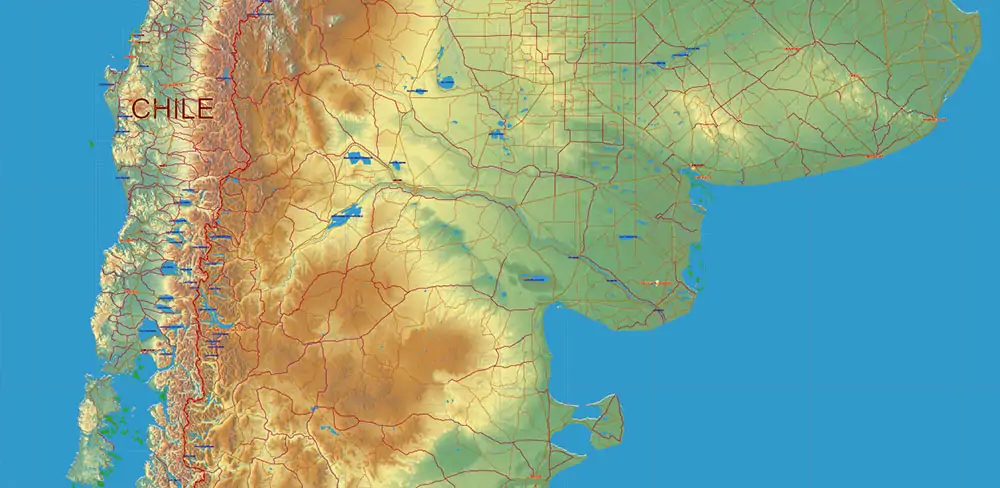 South America full PDF Vector Map high detailed roads + Relief editable layered in Adobe PDF