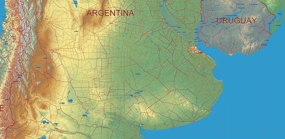 South America full PDF Vector Map high detailed roads + Relief editable layered in Adobe PDF