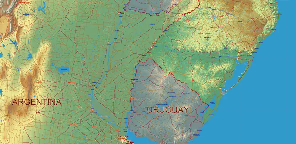 South America full PDF Vector Map high detailed roads + Relief editable layered in Adobe PDF